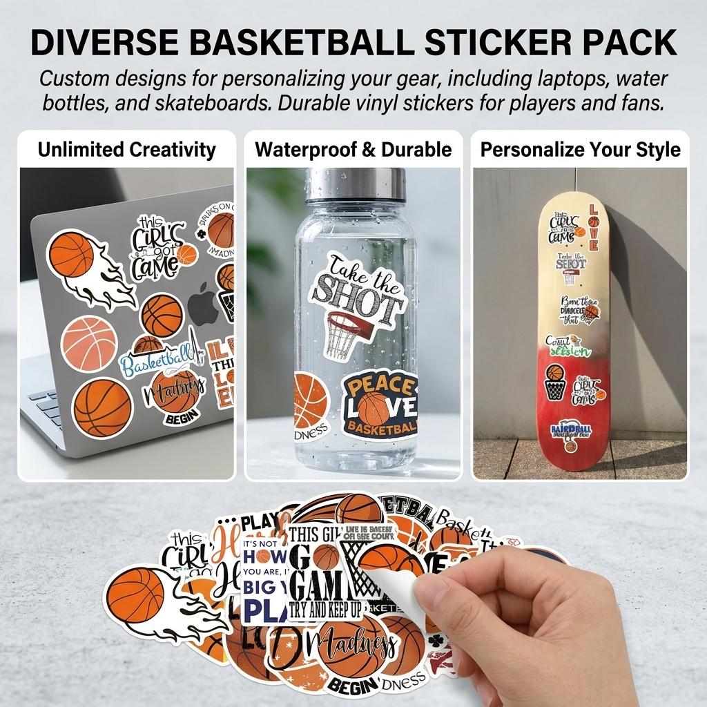 50Pcs Basketball Theme PVC Waterproof Stickers for Luggage Laptop Phone Case Decoration