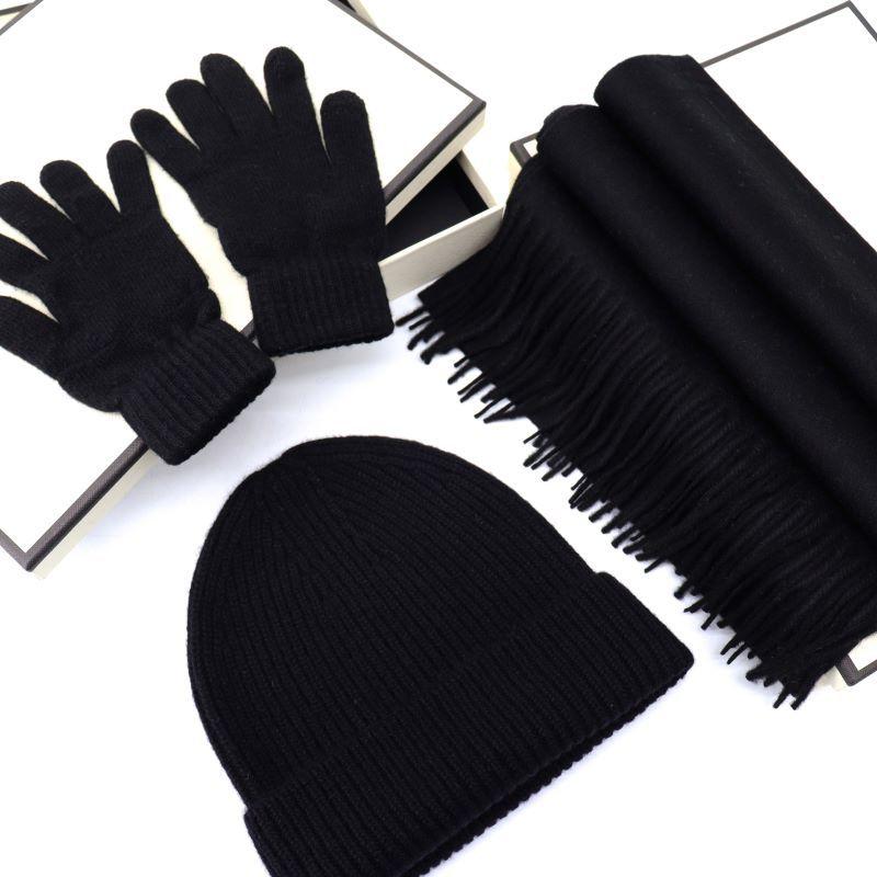 Gift box knitted three-piece 100% solid color wool scarf women's autumn and winter hat gloves versatile warm winter shawl