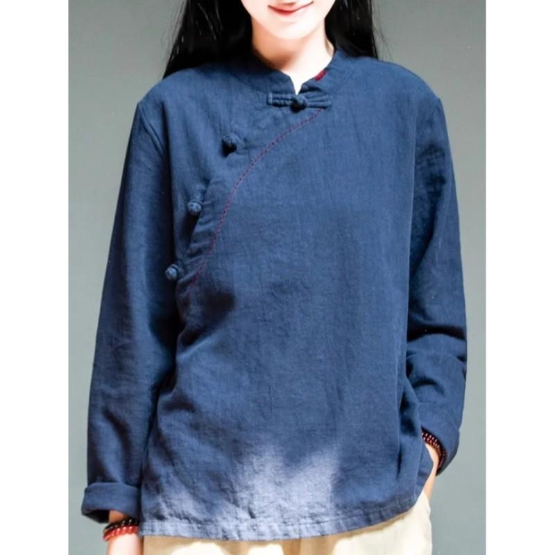 Damen Frühlings-/Herbst-Vintage-T-Shirt mit Stehkragen und langen Ärmeln, einfarbig, mit Knöpfen, chinesischer Stil