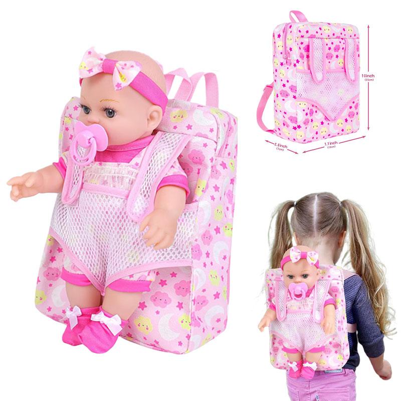 12" Girls Baby Doll Backpack Carrier Playset,12 Inch Reborn Baby Dolls With Acssories And Clothes Set Toy Stuffs Pink Hanky Di