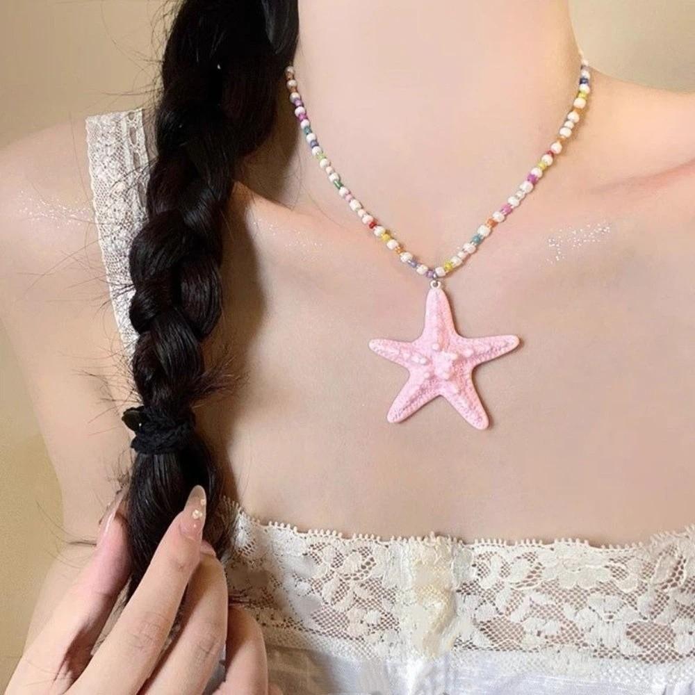 Bohemian Starfish Necklace Dopamine Bead Colorful Trendy Beach Necklace Splicing Beach Surfer Starfish Choker Holiday Choker
