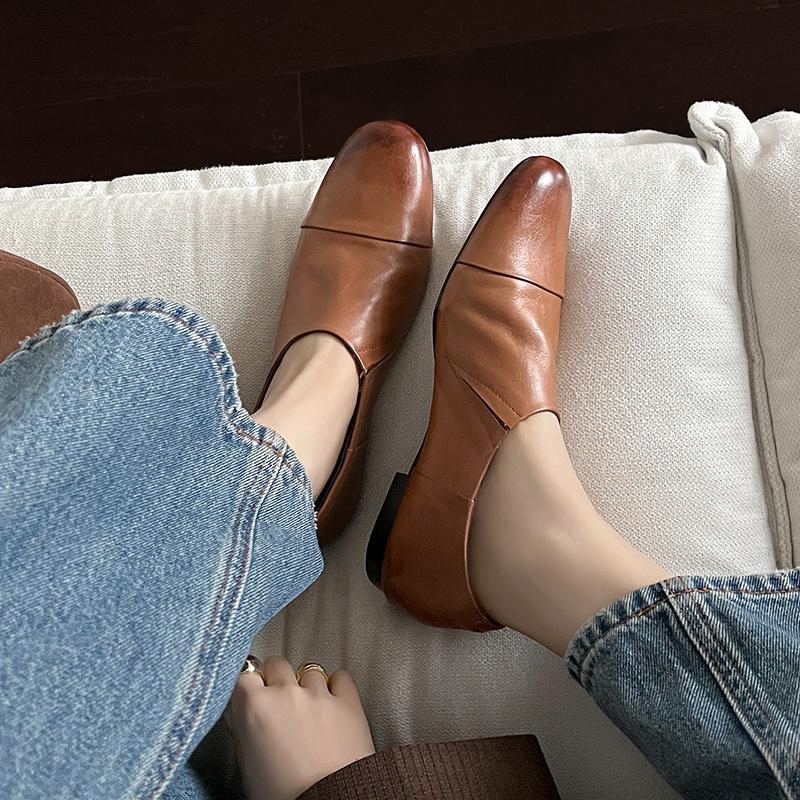 New Autumn Women Loafers Genuine Leather Women Shoes Round Toe Chunky Heel Shoes Women Flats Soft Shoes