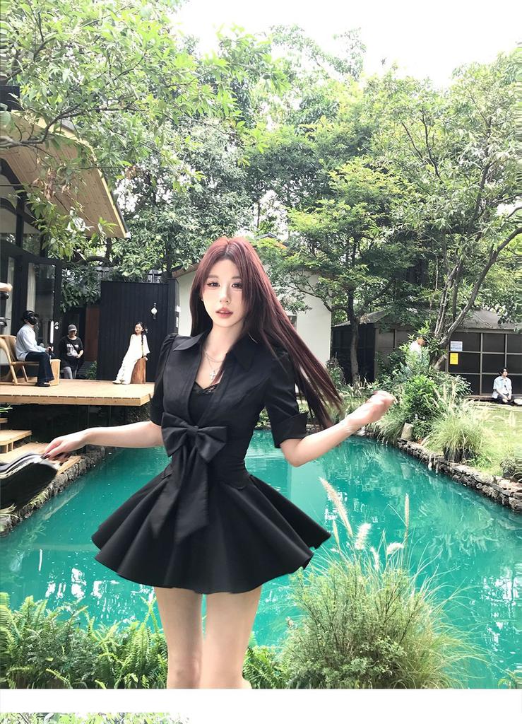 French Temperament Black Spice Girl Waist Lace Dress Women's Summer Pure Desire Wind Small Black Dress Knitted Fabric Zipper