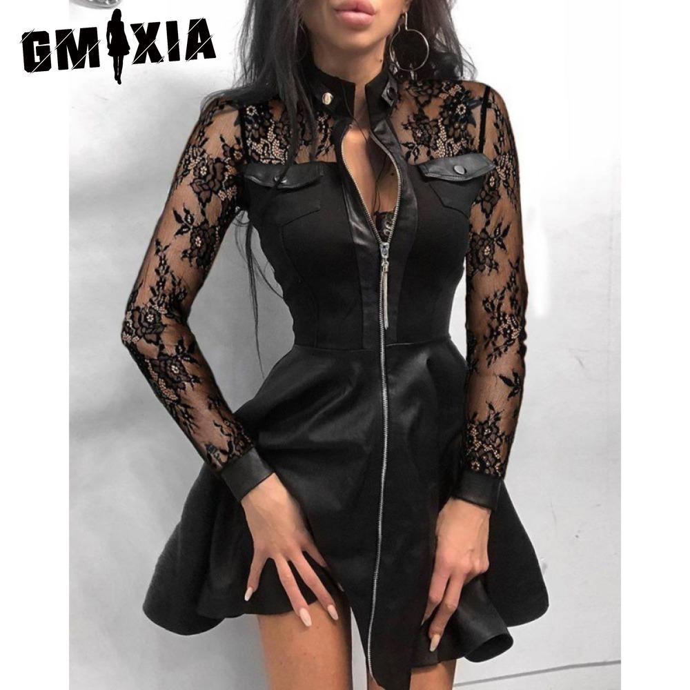 

GMXIA Fashion Женское кружевное мини-платье с длинным рукавом, на молнии, с большим подолом из искусственной кожи XXL