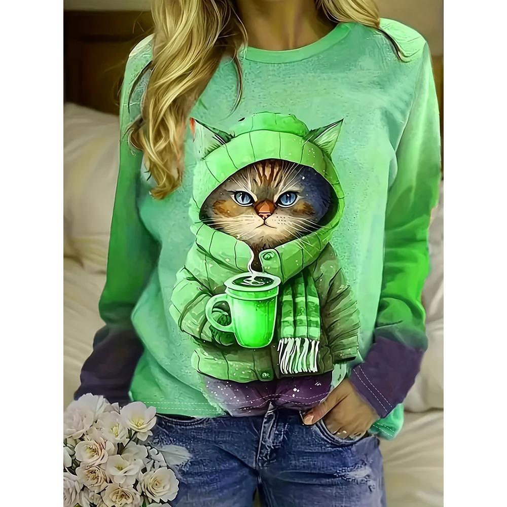New 3D Cat Print Women's Fall Fashion Comfortable Long-sleeved T-shirt Daily Casual Women's Round Neck T-shirt