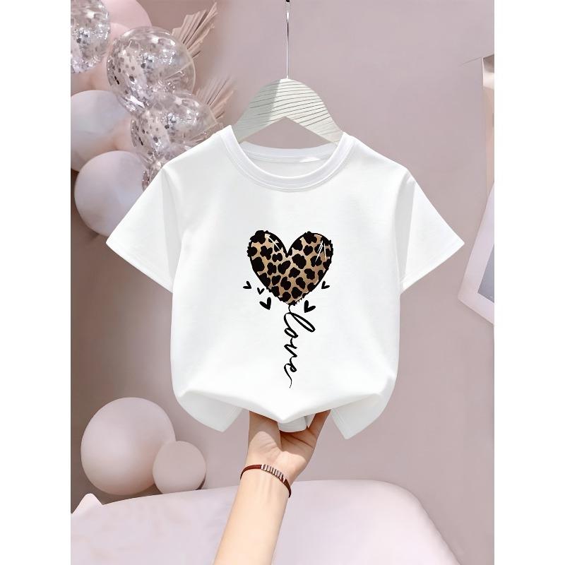 Европейские размеры Love Leopard Принт с буквами/мультфильмами, Одежда для девочек, Футболка с коротким рукавом, Подходит для весенне-летнего сезона, Дышащая 110 белый