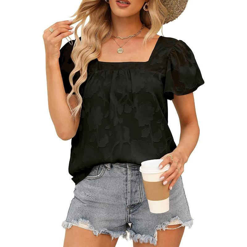 Summer Women T-shirt Square Neck Lace Hollow Out Casual Loose Short Sleeve Chiffon Shirt