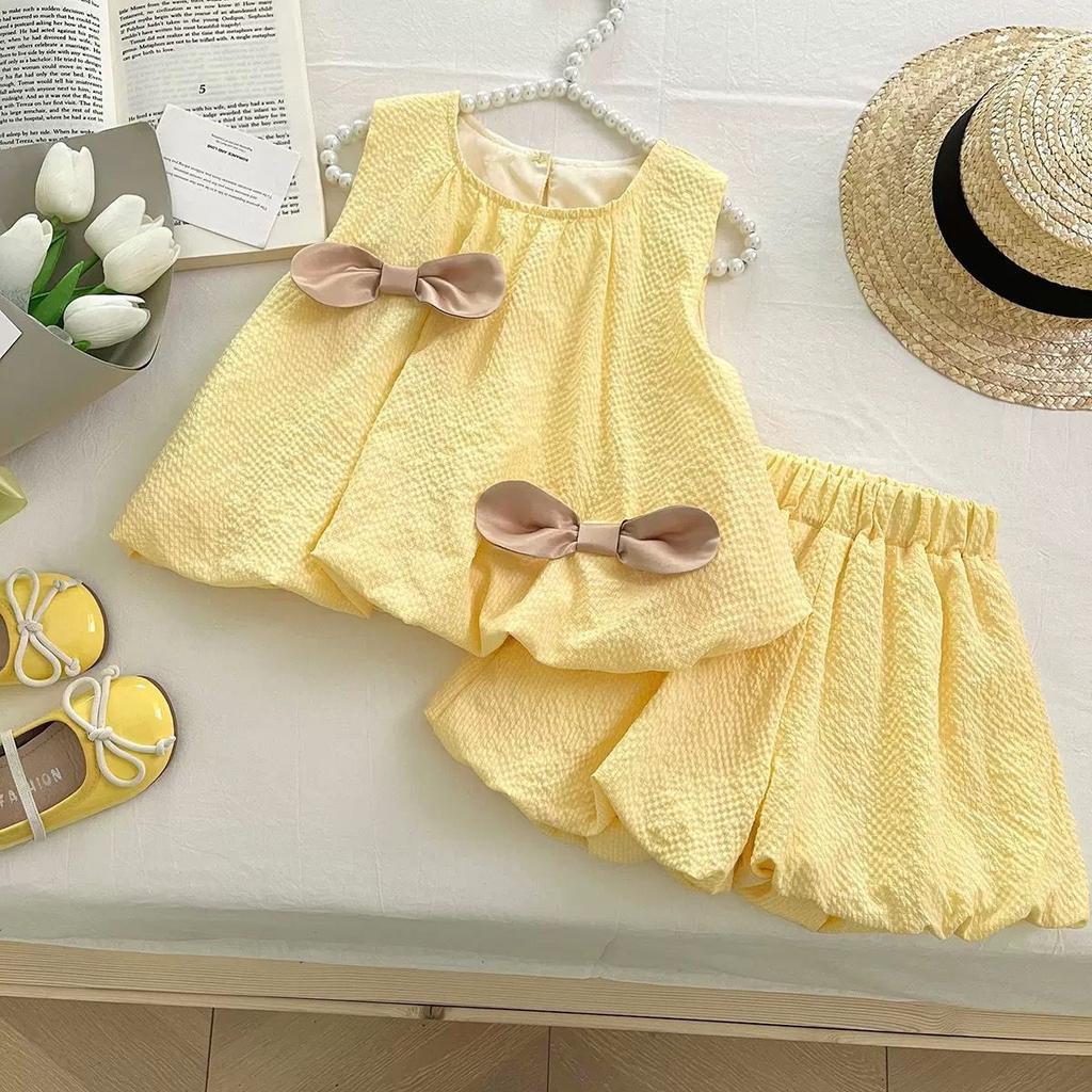 Girls' Summer Set Korean Bow Sleeveless Vest+shorts Set