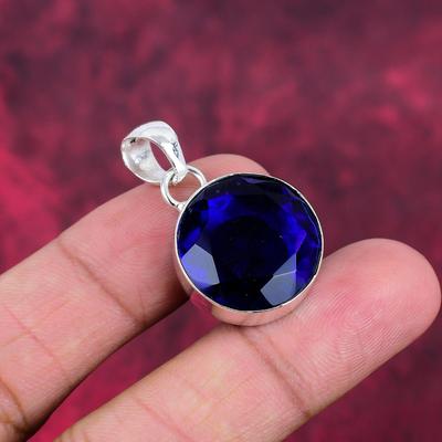 Ciondolo in zaffiro blu, ciondolo con pietra preziosa fatto a mano, ciondolo in argento sterling massiccio 925, gioielli antichi, per regalo di fidanzamento