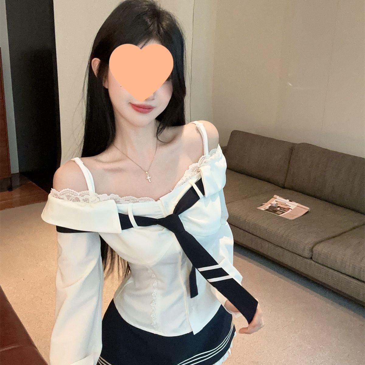 

Autumn 2025 Pure Desire One-Shoulder Tie Long Sleeve Camisole Shirt - Trendy Women s Spicy Top M