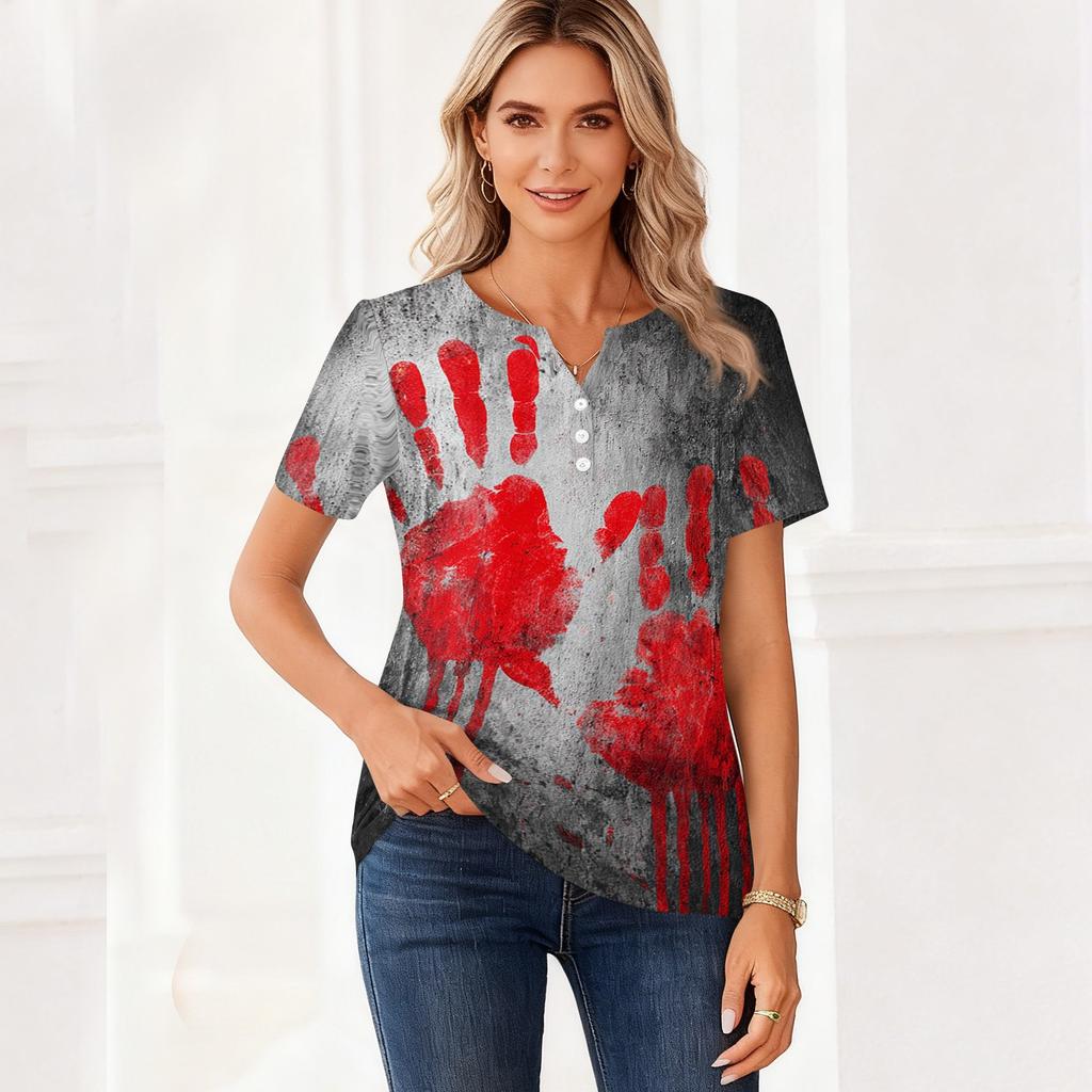 Womens Casual Halloween Printed V Neck Short Sleeve Button Down T Shirt Top for Daily Wear Holiday Party Outfit
