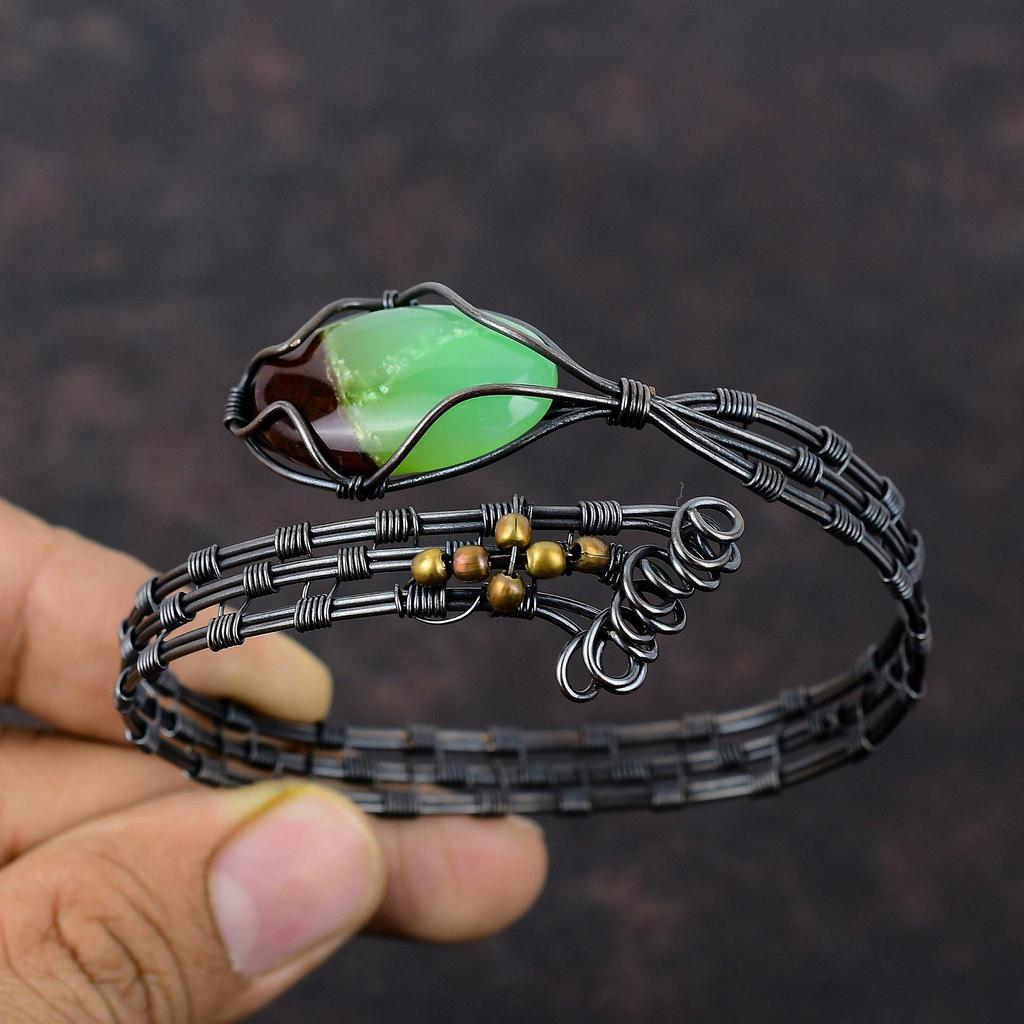 Boulder Chrysoprase Cuff Bracelet Copper Wire Wrapped Bangle Handmade Adjustable Cuff Bracelet Gemstone Bangle Copper Jewelry Gift For Him
