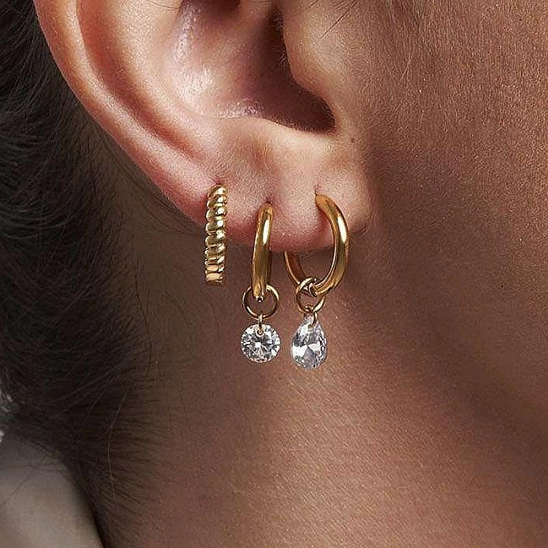 Stainless Steel Waterproof 14K Gold-Plated Zircon Water Drop Round Pendant Earrings for Women Fashion Exquisite Earrings Jewelry