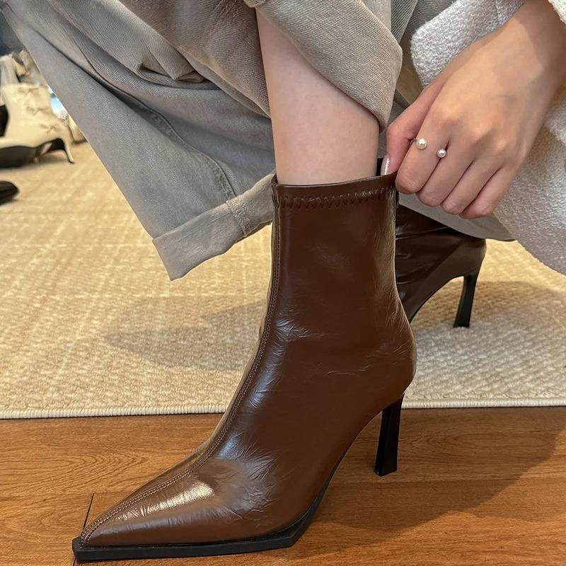 2025 New High Heel Women Ankle Boots Pointed Toe Autumn Winter Ladies Elegant Mordern Short Booties