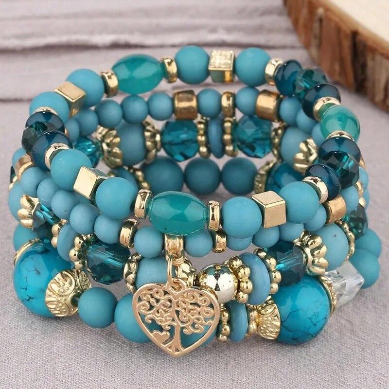 Bohemian Heart Tree Charm Bead Bracelets Set New Statement Multilayered Bracelets Pendant Charm Stretch Bangles Female Jewelry