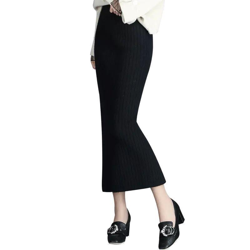 2021 Women's High-Waist Knitted Wool Skirt: Autumn/Winter, Thick, Long, Slim Fit, with Slit