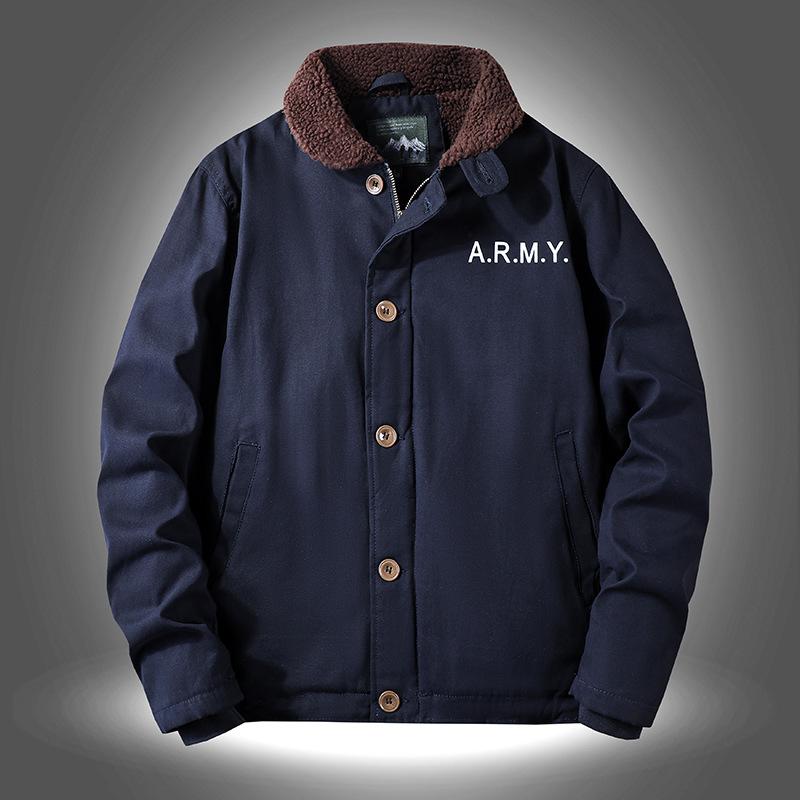 Winter Casual Men's Velvet Thickened Lapel Military Uniform Middle-aged Cotton-padded Coat Loose Lamb Wool Cotton Coat