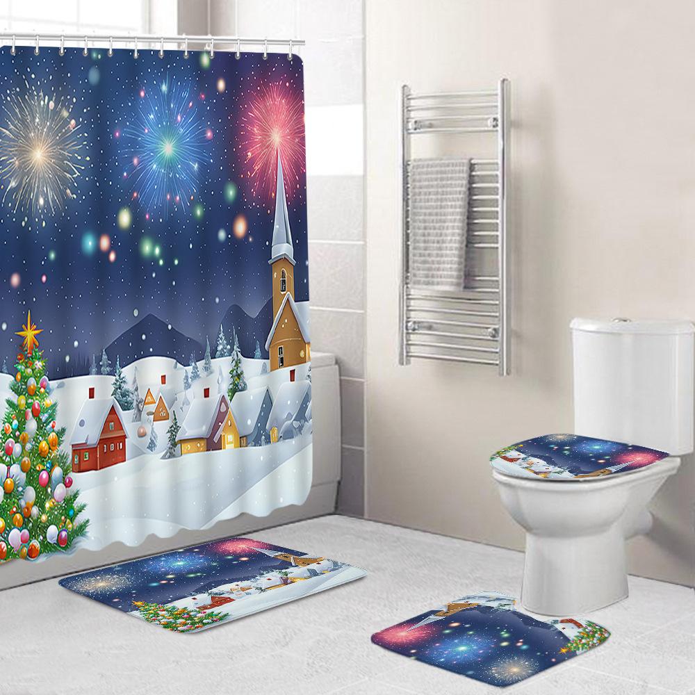 Christmas Toilet Cover Shower Curtain Floor Mat Set Santa Carpet Door Mat Foot Mat Non-Slip Mat