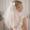 New Double Layer Bridal Veil Lace Edge White Women's Tulle Bow Puffy Photo Veil for Wedding Party