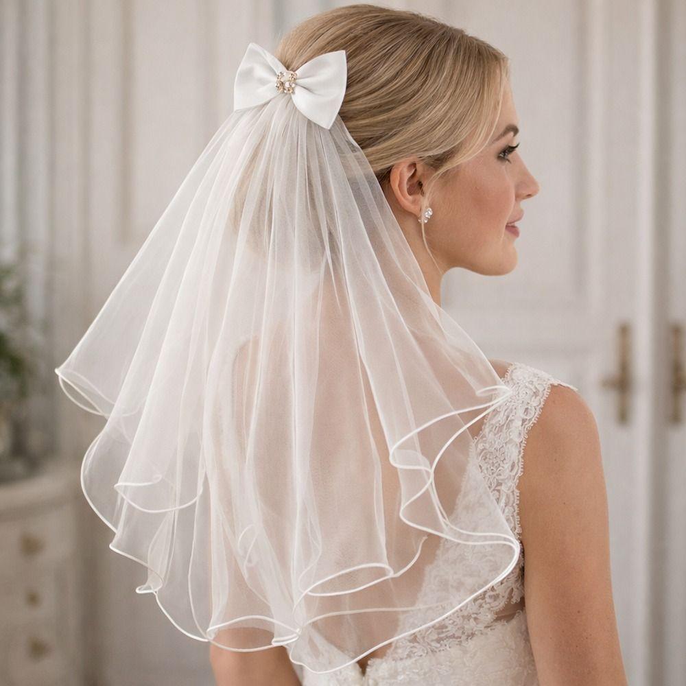 New Double Layer Bridal Veil Lace Edge White Women's Tulle Bow Puffy Photo Veil for Wedding Party