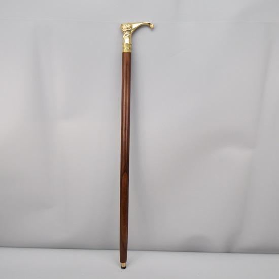 93 Cm Walking Stick, Wooden Cane, Cat Shaped Handle, Gold and Brown, Brass and Wood