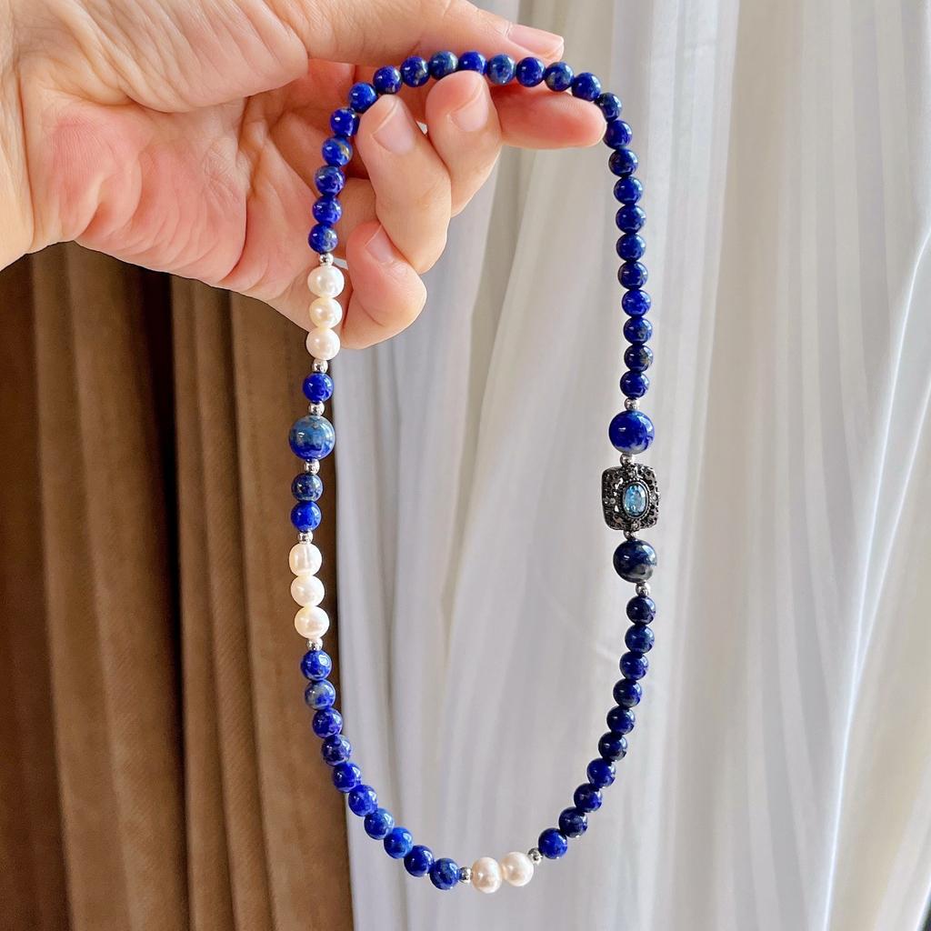 Vintage 5mm Natural Lapis Lazuli Freshwater Pearl Design Multi-loop Bracelet Bracelet