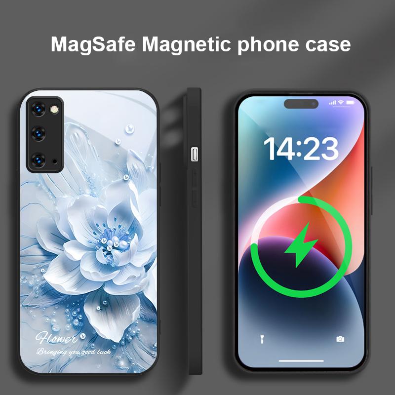 Flores azuis em flor Para Samsung S25 S25 Edge S25Ultra S8 9 10 20 S21 Pro 22 Plus S23 FE S24 Ultra Magsafe Capa de Vidro para Telefone