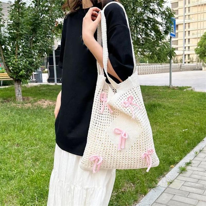 Preppy Style Crochet Tote Bag with Butterfly Accents, Solid Color Polyester Shoulder Bag, Foldable Fashi Beach Bag