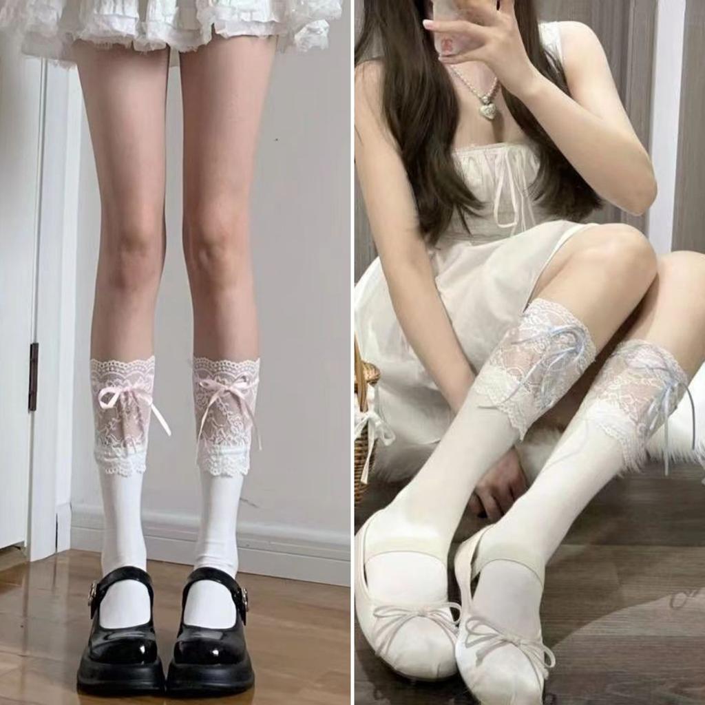 Lolita Lace Knee Socks White Women'S Ribbon Bow Medium Stockings Jk Autumn Thin Calf Socks