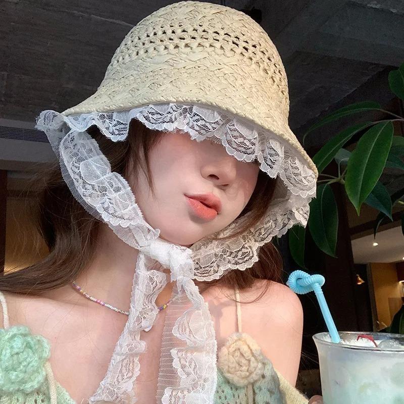 New Korean Simple Lace Big Brim Straw Hat for Women's Summer Outdoor Hollow Breathable Sunshade Seaside Vacation Sun Hats