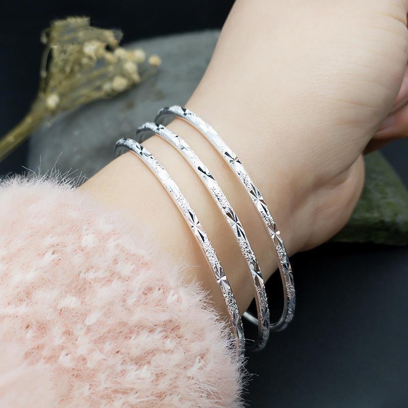 Three Lives Three Worlds Silver Plated Frosted Bangle Bracelet with Carved Text, Adjustable Design