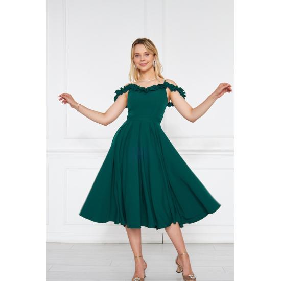 Women's Adjustable Strap Ruffle Detailed Collar Pleated Flared Midi Evening Dress