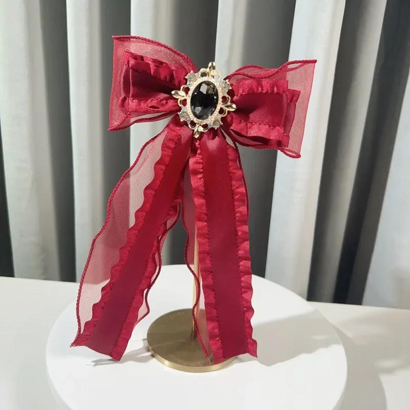 Women's Yarn Satin Large Bow Tie Lolita Fashion Shirt Dress Accessories Collar Flower Luxury Rhinestone Bowtie Gifts for Women
