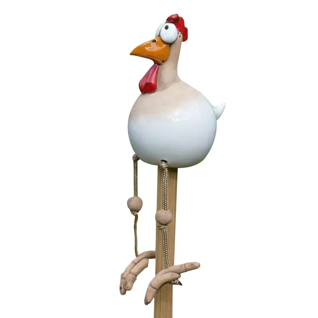 Resin Crafts Statues Funny Big Eyed Chicken Statue Long Foot Hen Sculptures Garden Fence Art Supplies Wooden Stake Decoration