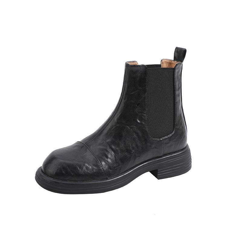 Vintage Rundkopf Grober Absatz Kurze Stiefel Damen Herbst und Winter Braun Britische Smoke Boots Chelsea Boots Schwarz Plateau Martin Stiefel
