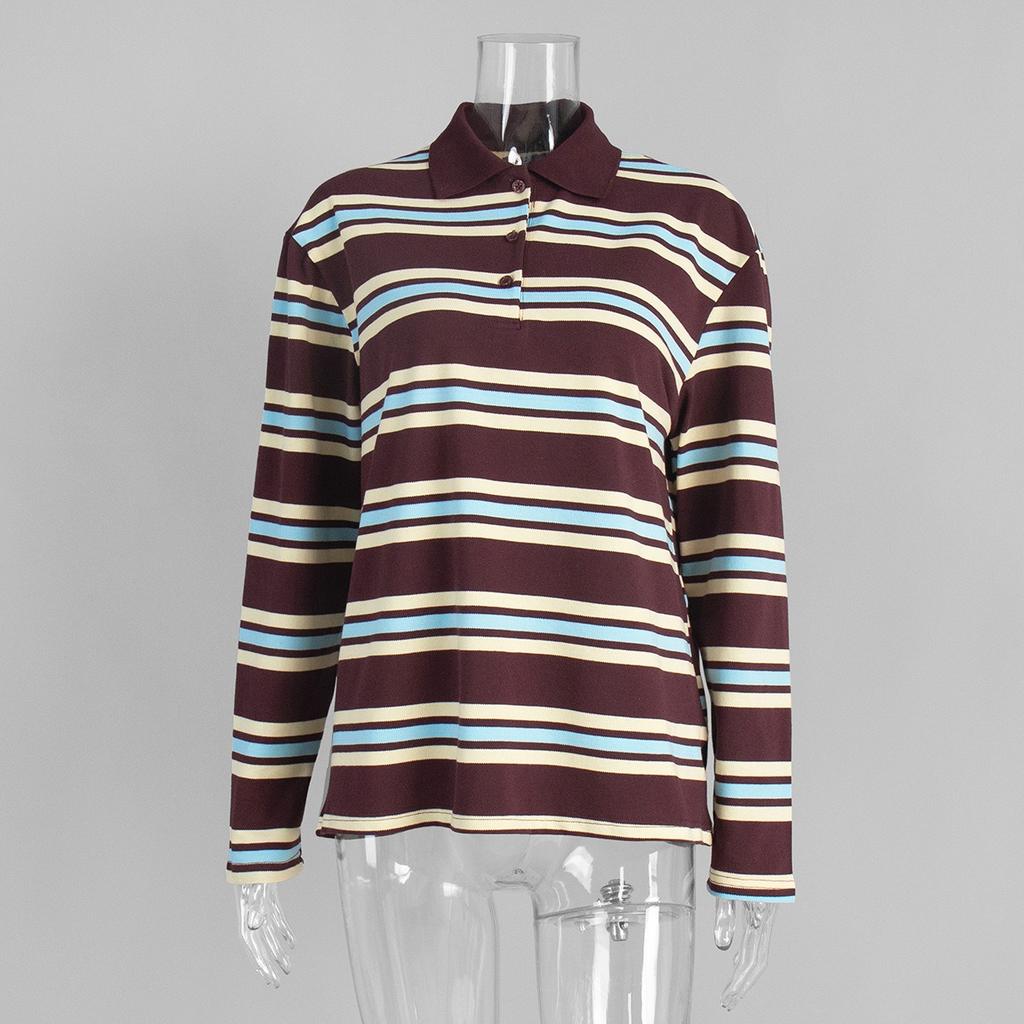 Women's Spring Summer Long Sleeve Striped Polo T-Shirt, Loose Retro Trendy Casual Top for Women