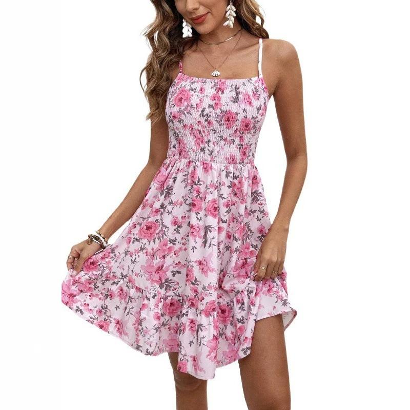 European and American summer women's floral waist suspender short beach vacation dress elegant three-dimensional printing