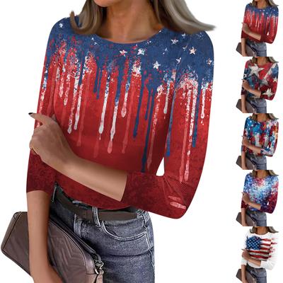 Women's Casual Fashion Round Neck Independence Day Print Three-Quarter Sleeve Ribbed Top