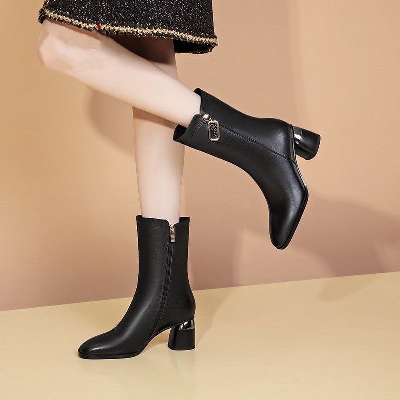 Fashion Black Fleece-Lined Half High Boots for Women Autumn Winter Comfortable and Elegant Boot Waterproof Y2k Work Mid Calf Shoes Woman
