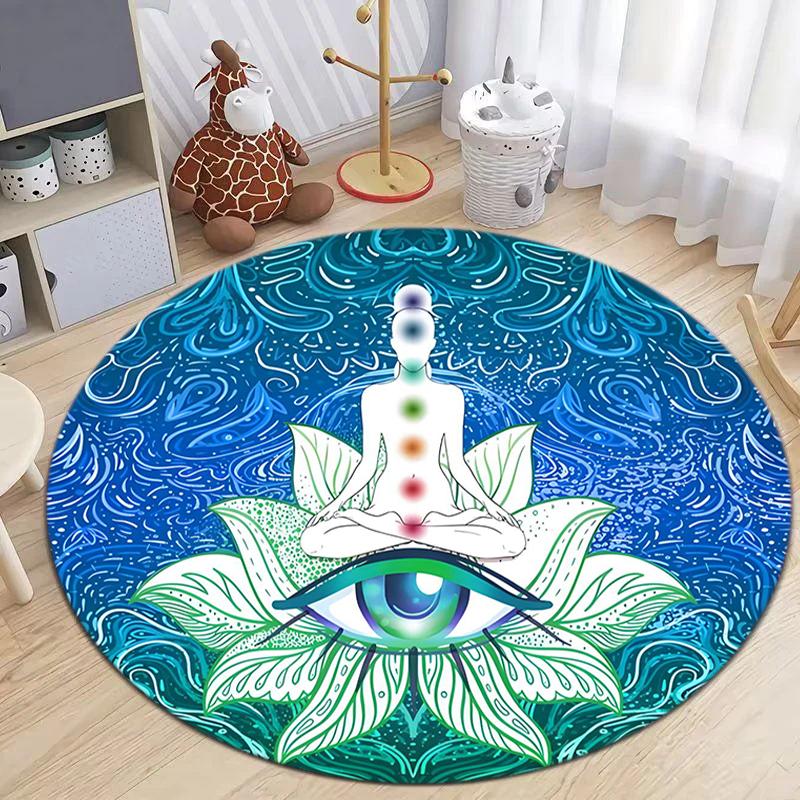 1Pc Chakras Theme Printed Circular Carpet, Home Door Mat, Outdoor Travel Protection Carpet A2