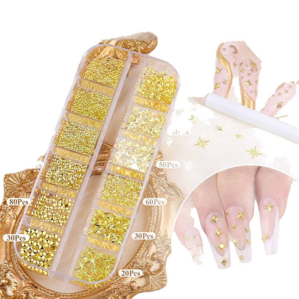 Japanese Style Starry Sky Metal Nail Art Rivets In Gold & Silver - DIY Non-Fading Nail Accessories with Rhinestone Inlays