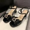 Fashion Summer New Block Heel Versatile One Buckle Strap Open Toe High Heels Bow Rhinestone Square Toe Sandals Women