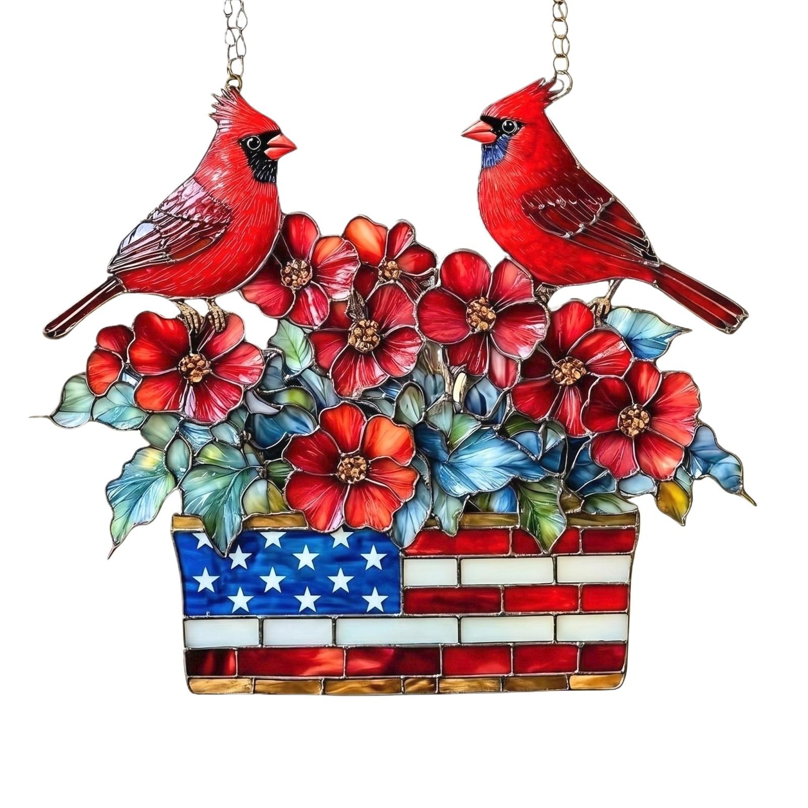

Acrylic Hanging Ornament Featuring Two Birds and Floral Arrangement in a Rectangular Basket with Star and Stripe Pattern Suitable for Decorative Use