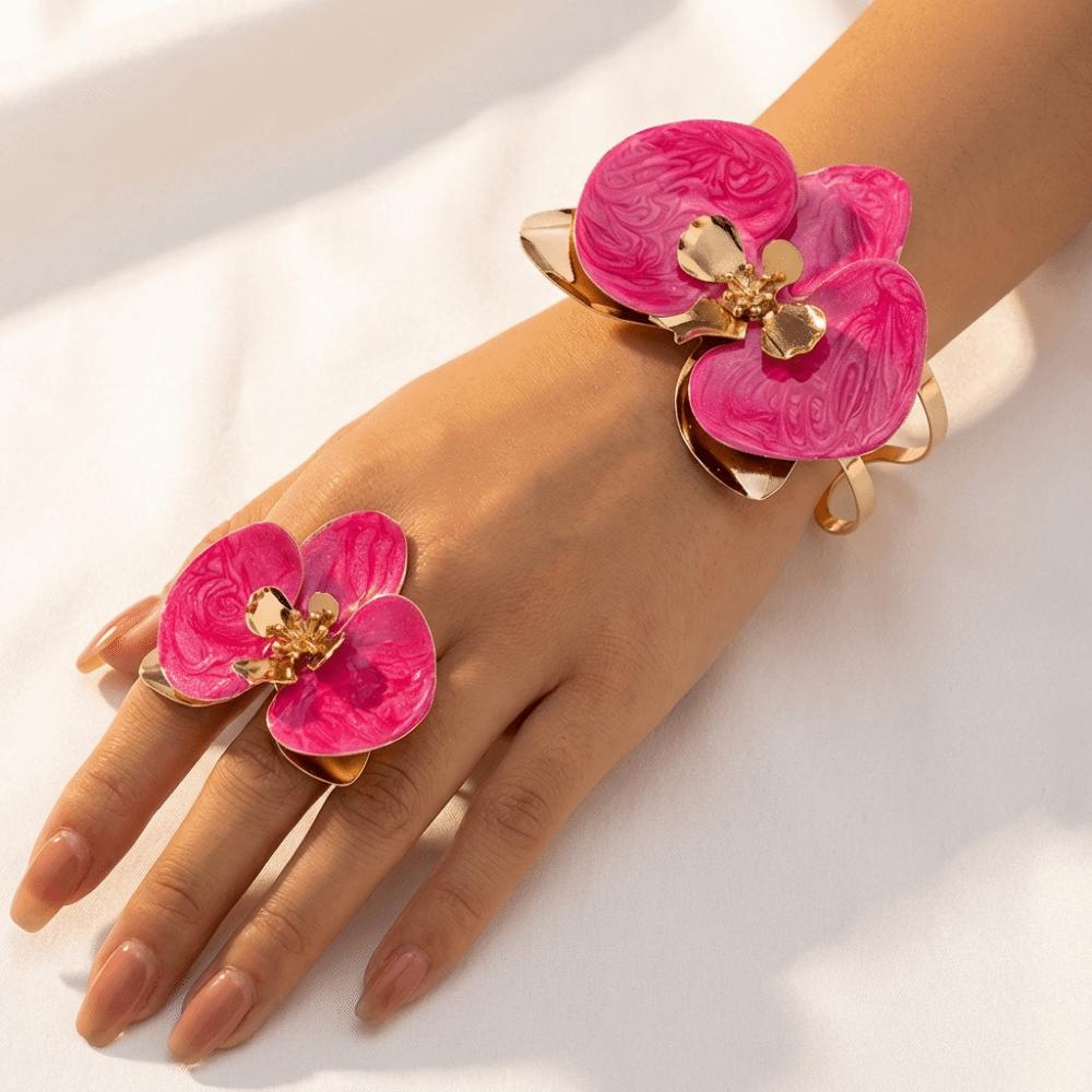 Exaggerated Flower Bracelet Bohemian Open Floral Arm Cuff Flower Bracelet Ring Set  Gatherings
