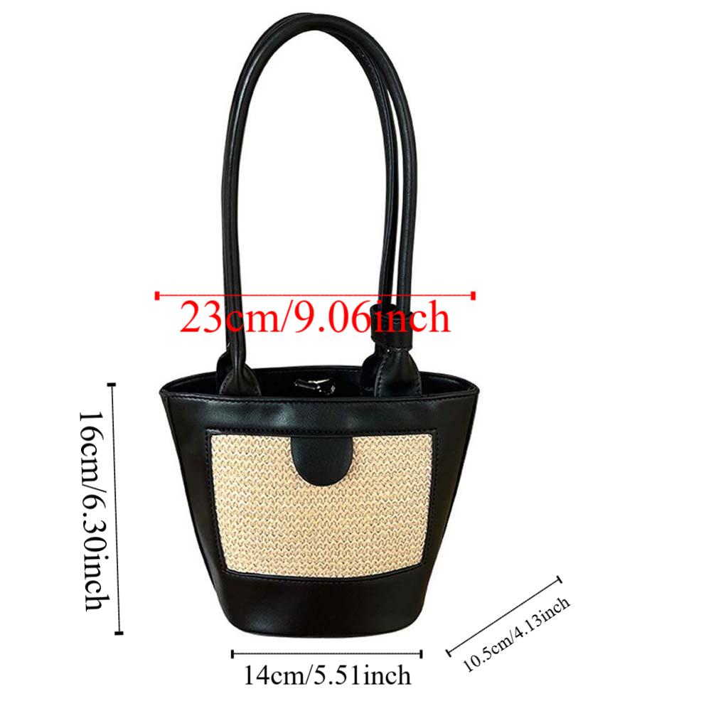 Breathable Women Bucket Handbag Retro Straw Shoulder Bag Beach Pouch PU Woven Bucket Bag  School