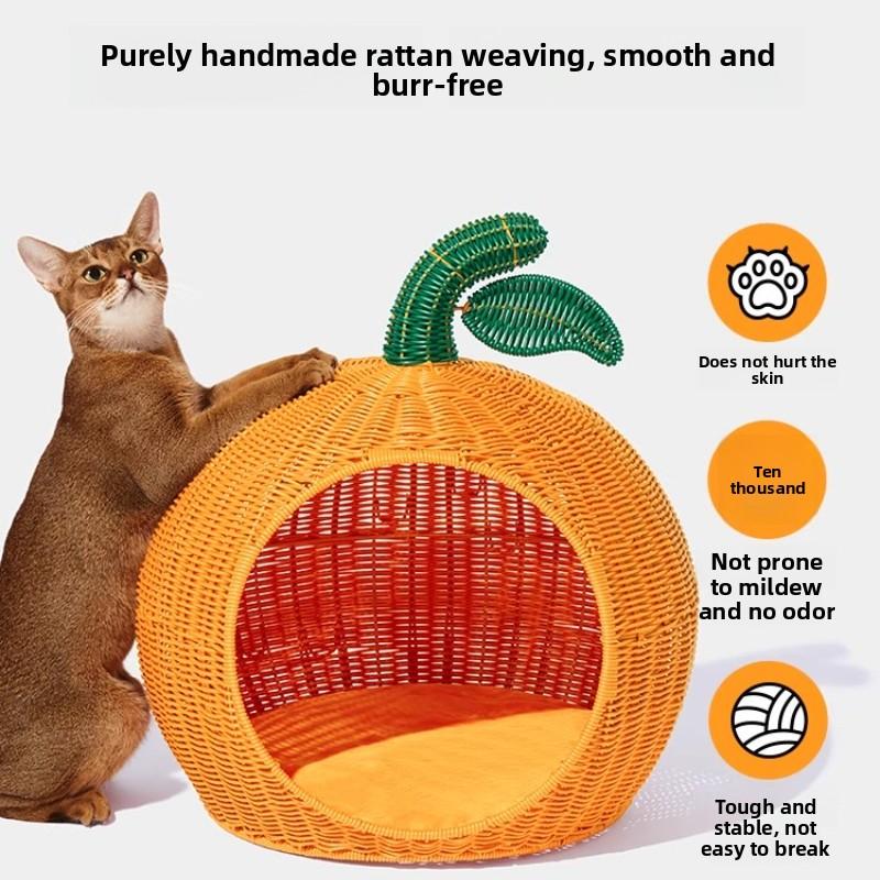 Creative Woven Cat Bed Rattan Cooling Nest with Removable Cushion All-Season Pet House for Kittens Breathable Cats Nest