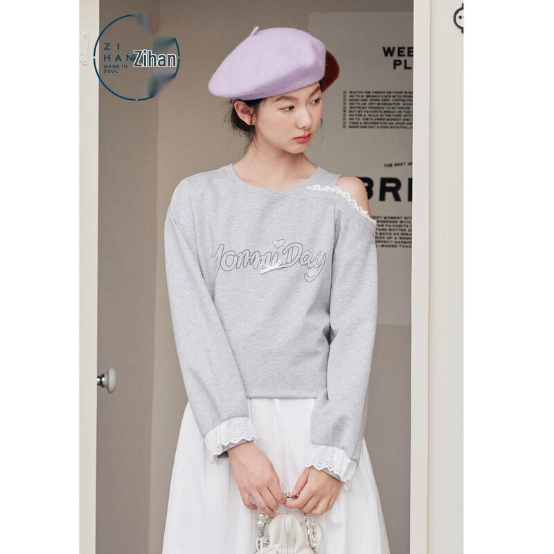 ZIHAN Women s Crew Neck Off-Shoulder Letter Print Sweatshirt L