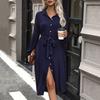 Autumn Shirt Dress Commuter Casual Long Sleeve Solid Color Shirt Collar Dress