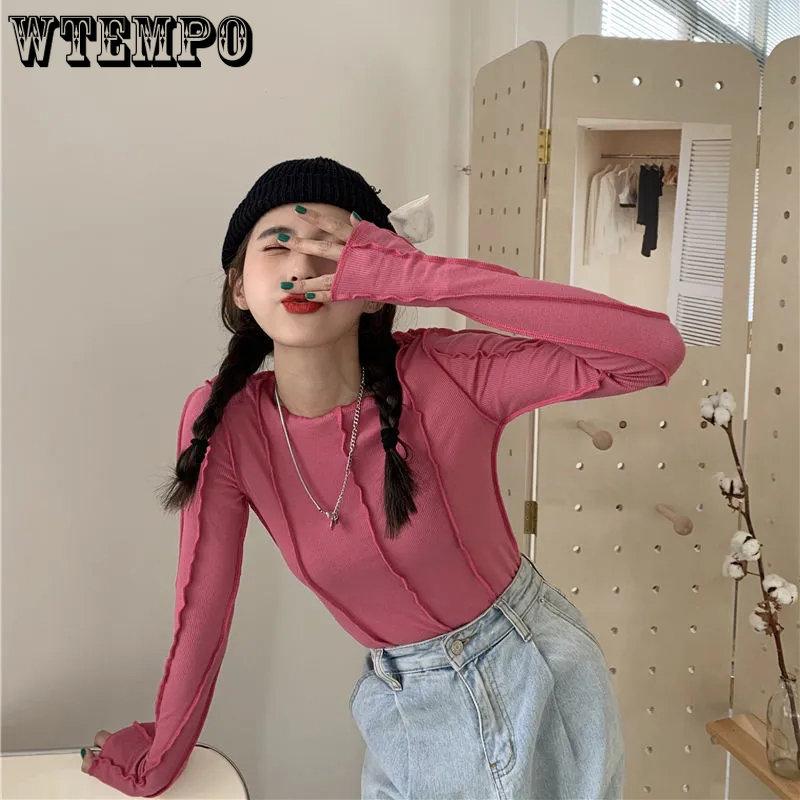 WTEMPO Tricouri cu mânecă lungă cu decolteu O Femei Subțire Rhodo Blue Chic Streetwear Femei Cool Coreeană de primăvară Casual Tops