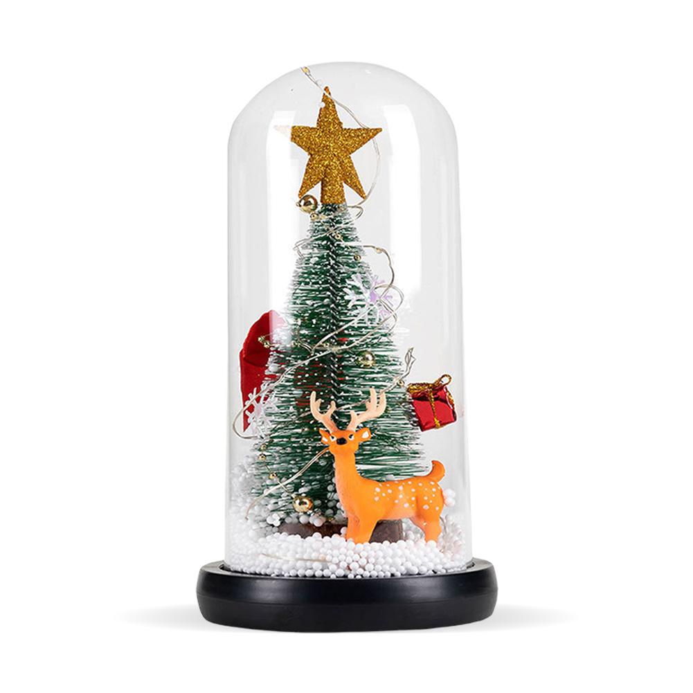 Mini LED Artificial Christmas Tree Decoration with Glass Dome Christmas Tree Night Light Table Ornament Xmas Gift for Children